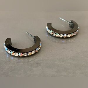 Polished Gun-Metal Finish, Modern Half-Hoop Earrings w. Aurora Borealis Crystals